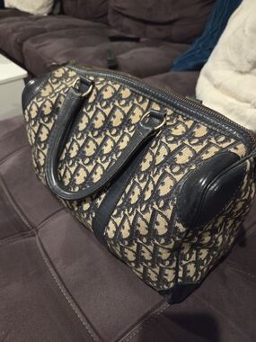 Designer-Style Navy and Beige Monogram Satchel